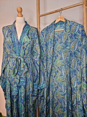 New Silk Sari Boho Kimono Regal House Robe Luxury Lounge Flowy Gown Royal Blue Aqua Paisley Ocean Romance Floral Duster Beach Coverup - Image 5