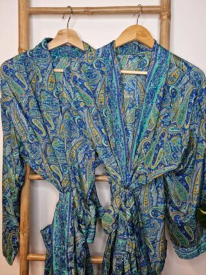 New Silk Sari Boho Kimono Regal House Robe Luxury Lounge Flowy Gown Royal Blue Aqua Paisley Ocean Romance Floral Duster Beach Coverup - Image 6