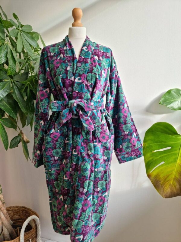 Velvet Unisex Kimono Jacket Reversible in Purple Deep Green Floral
