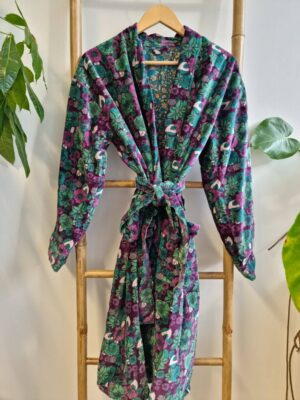 Velvet Unisex Kimono Jacket Reversible in Purple Deep Green Floral - Image 3