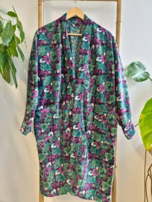 Velvet Unisex Kimono Jacket Reversible in Purple Deep Green Floral - Image 4