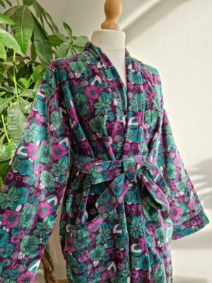 Velvet Unisex Kimono Jacket Reversible in Purple Deep Green Floral - Image 5