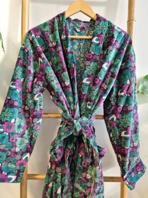 Velvet Unisex Kimono Jacket Reversible in Purple Deep Green Floral - Image 6