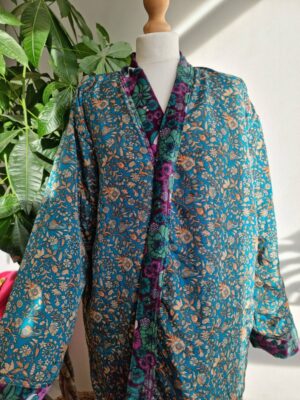 Velvet Unisex Kimono Jacket Reversible in Purple Deep Green Floral - Image 7