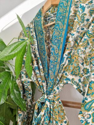 Men's Silk Kimonos In White Turquoise Beige - Image 2