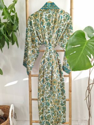 Men's Silk Kimonos In White Turquoise Beige - Image 3