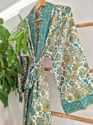 Men's Silk Kimonos In White Turquoise Beige - Image 6