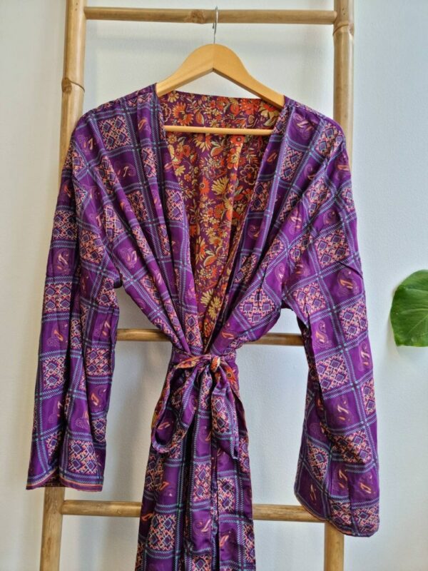 Men's Reversible Silk Kimonos In Purple Orange Ikat Floral Geometric print