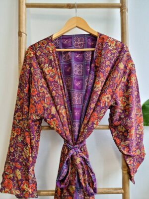 Men's Reversible Silk Kimonos In Purple Orange Ikat Floral Geometric print - Image 2