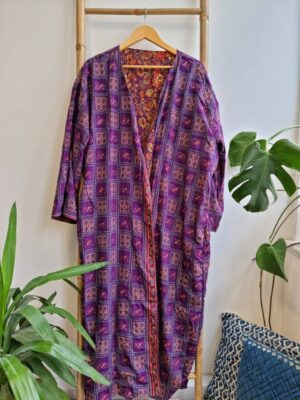 Men's Reversible Silk Kimonos In Purple Orange Ikat Floral Geometric print - Image 3