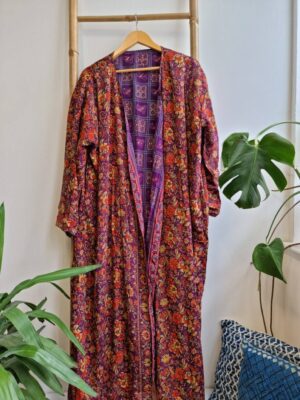 Men's Reversible Silk Kimonos In Purple Orange Ikat Floral Geometric print - Image 4