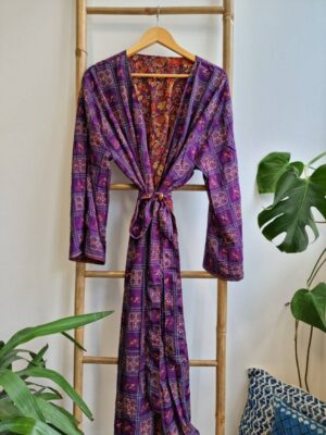 Men's Reversible Silk Kimonos In Purple Orange Ikat Floral Geometric print - Image 7