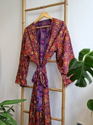 Men's Reversible Silk Kimonos In Purple Orange Ikat Floral Geometric print - Image 9
