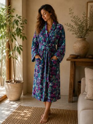 Velvet Unisex Kimono Jacket Reversible in Purple Deep Green Floral