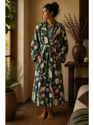 Velvet Unisex Kimono/ Jacket Reversible in Royal Green and white