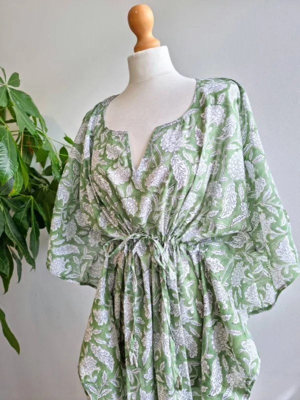 Pure Cotton Kaftan Long Dress Kimono In Sage Green Gingko