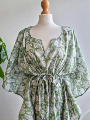 Pure Cotton Kaftan Long Dress Kimono In Sage Green Gingko - Image 3