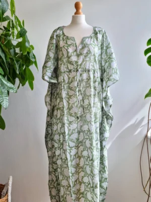 Pure Cotton Kaftan Long Dress Kimono In Sage Green Gingko - Image 4
