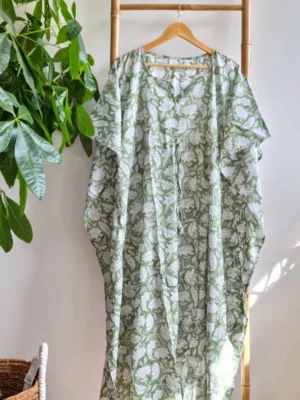 Pure Cotton Kaftan Long Dress Kimono In Sage Green Gingko - Image 5