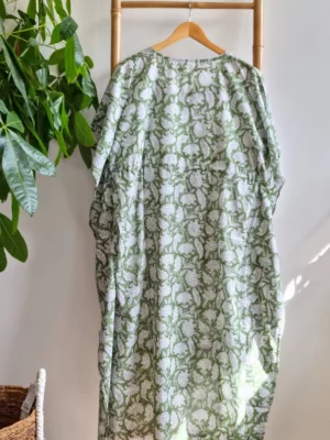 Pure Cotton Kaftan Long Dress Kimono In Sage Green Gingko - Image 6