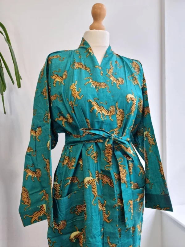 Pure Cotton Kimono In Turquoise & animal Print