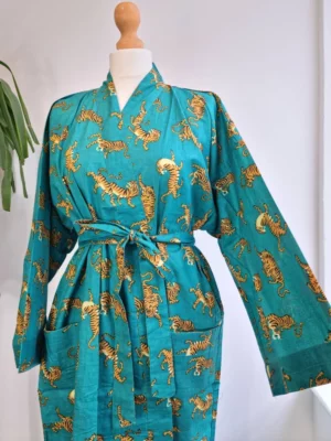 Pure Cotton Kimono In Turquoise & animal Print - Image 2