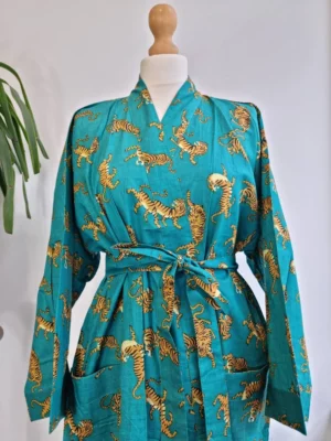 Pure Cotton Kimono In Turquoise & animal Print - Image 3