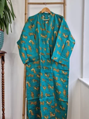 Pure Cotton Kimono In Turquoise & animal Print - Image 4
