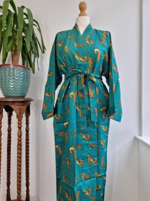 Pure Cotton Kimono In Turquoise & animal Print - Image 7