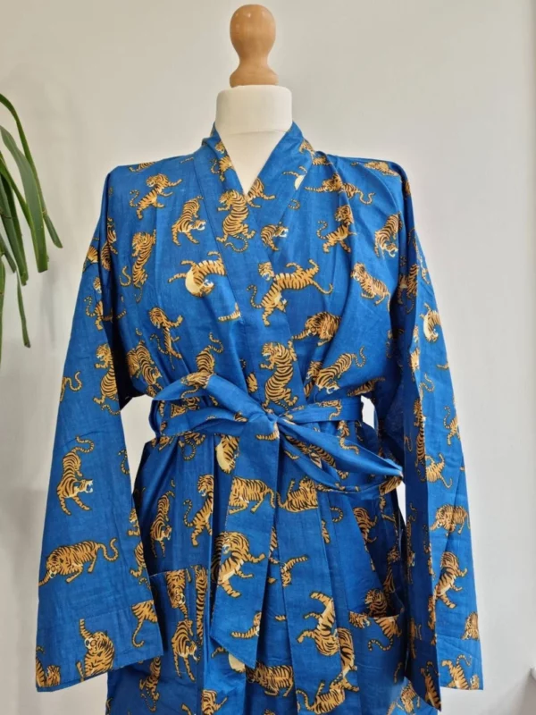 Pure Cotton Kimono In Royal Blue & Animal Print