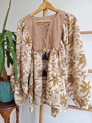 Pure Cotton Earthy Floral Bohemian Blouse In Block Print - Image 4