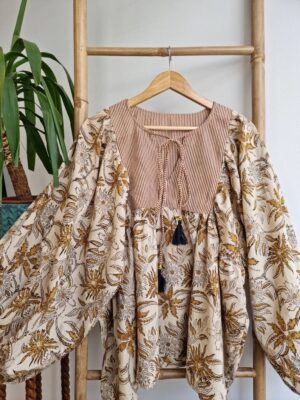 Pure Cotton Earthy Floral Bohemian Blouse In Block Print - Image 9