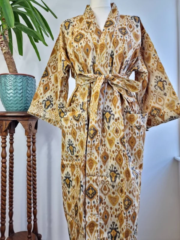 Ikat Print Cotton Handprinted Kimono In a mix of Beige Mustard Yellow Black