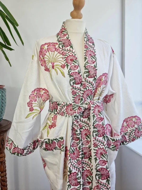 Waffle Cotton Handprinted Summer Kimono In Print White Pink Green