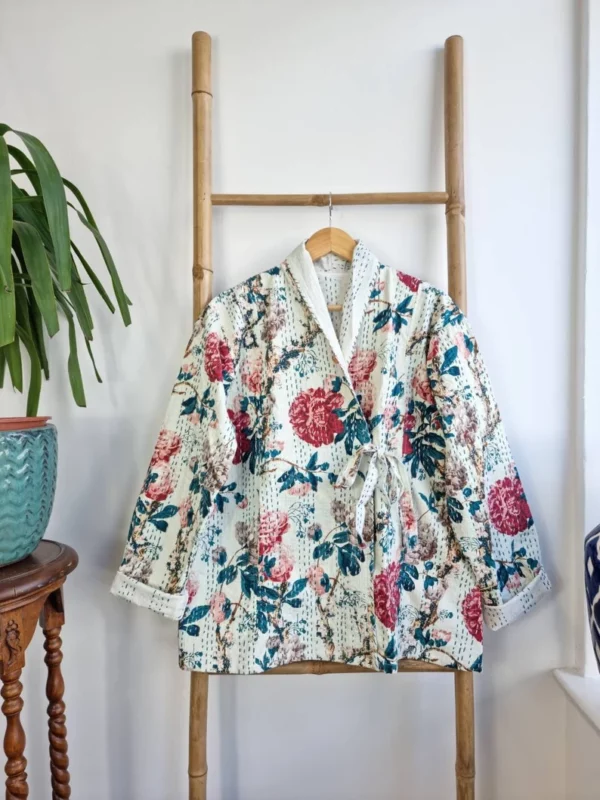 Kantha Reversible Front Tie Open Jacket In Vintage Style