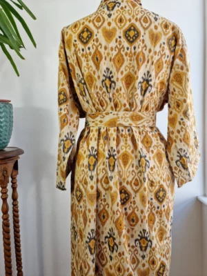 Ikat Print Cotton Handprinted Kimono In a mix of Beige Mustard Yellow Black - Image 2