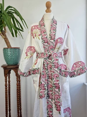 Waffle Cotton Handprinted Summer Kimono In Print White Pink Green - Image 2