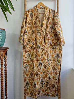 Ikat Print Cotton Handprinted Kimono In a mix of Beige Mustard Yellow Black - Image 3