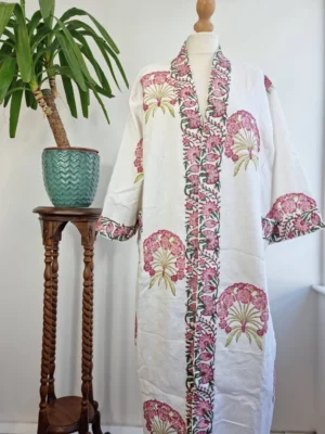 Waffle Cotton Handprinted Summer Kimono In Print White Pink Green - Image 3