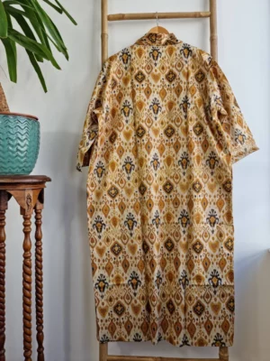 Ikat Print Cotton Handprinted Kimono In a mix of Beige Mustard Yellow Black - Image 4