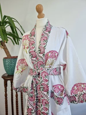 Waffle Cotton Handprinted Summer Kimono In Print White Pink Green - Image 4