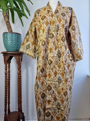 Ikat Print Cotton Handprinted Kimono In a mix of Beige Mustard Yellow Black - Image 5