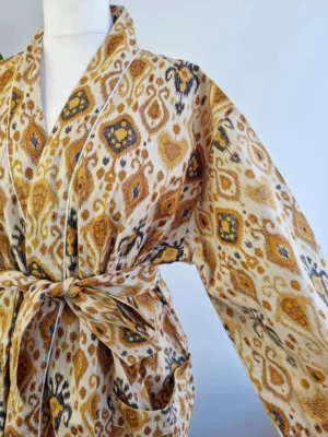 Ikat Print Cotton Handprinted Kimono In a mix of Beige Mustard Yellow Black - Image 6