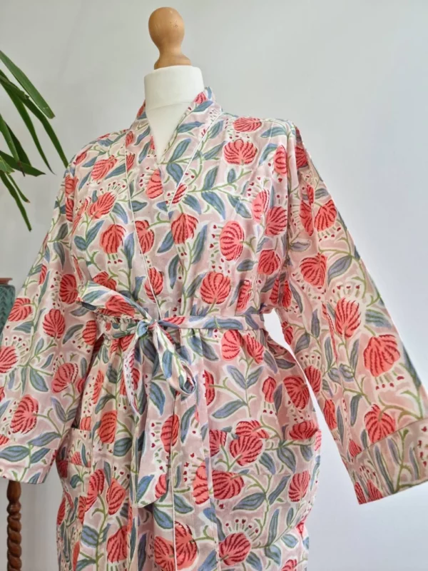 Pure Cotton Handprinted Kimono In Beige Peach blend