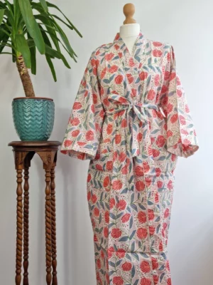 Pure Cotton Handprinted Kimono In Beige Peach blend - Image 3