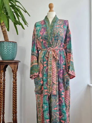 New Silk Boho Kimono/Gown In Ocean Aqua Green Bright Peach Print - Image 2