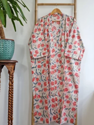 Pure Cotton Handprinted Kimono In Beige Peach blend - Image 4