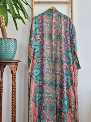 New Silk Boho Kimono/Gown In Ocean Aqua Green Bright Peach Print - Image 3