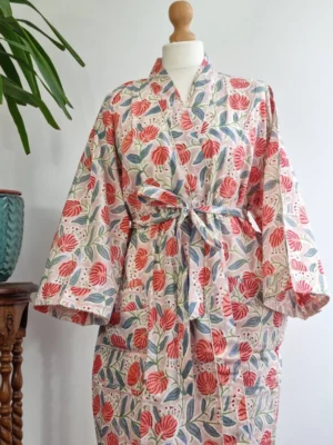 Pure Cotton Handprinted Kimono In Beige Peach blend - Image 5
