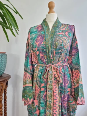 New Silk Boho Kimono/Gown In Ocean Aqua Green Bright Peach Print - Image 4